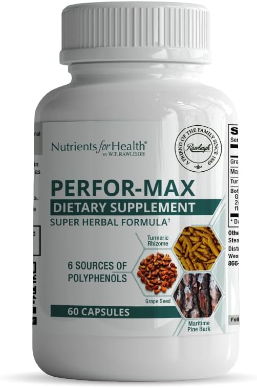 Rawleigh Perfor-Max 60 cápsulas: Suplemento herbario con 6 fuentes de polifenoles como semilla de uva, corteza de pino, turmérico, té verde, extractos de hawthorn &amp; Rosemary para la salud del corazón &amp; inmunidad, sin gluten