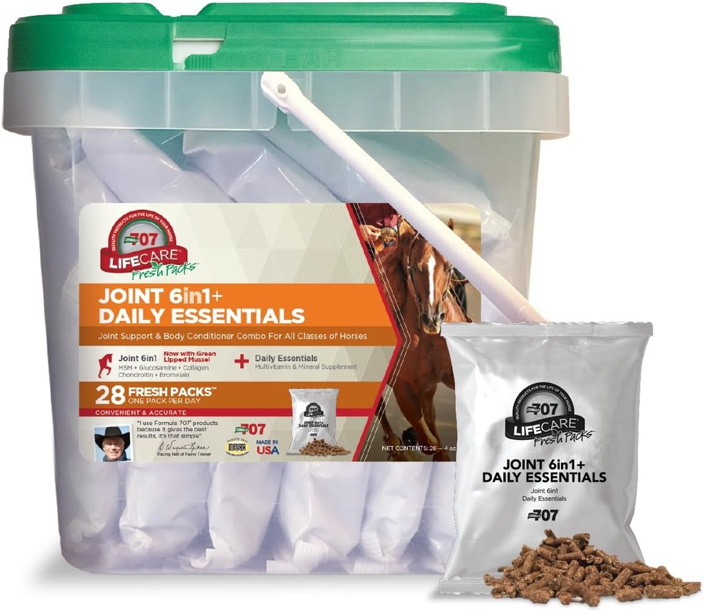 Fórmula 707 Joint 6in1 + Daily Essentials Combo Fresh Packs Equine Supplement, 28 Day Supply: Green-Lipped Mussel, Glucosamine, Chondroitin, Collagen, Bromelain &amp; MSM + Complete Vitamins