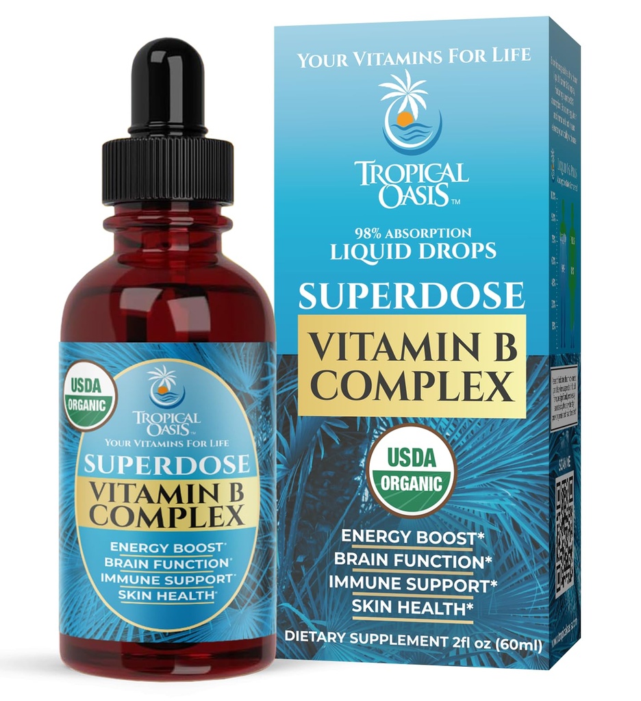 Superdose Vitamina Orgánica B Complejo Líquidas gotas rígidas 125.000% DV Vitamina B12, B6, Biotina, Niacina, Folate ANTERIGEN Energía, Cerebro Salud, Immune Apoyo Silencioso USDA Orgánica, Vegan, No OMM TEN 60 Serv, 2 Mo.