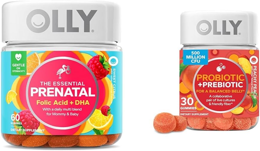 OLLY The Essential Prenatal Gummy Multivitamin, 30 Day Supply (Gummies), Sweet, Folic Acid " Probiotic + Prebiotic Gummy, Digestive Support and Gut Health, 500 Million CFUs, Fiber