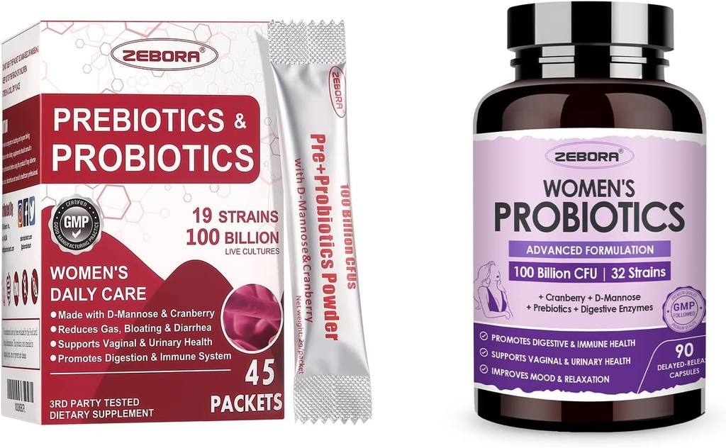 ZEBORA Probiotics-for-Women 100-Billion-CFUs with Prebiotics, D-Mannose " Cranberry for Digestive, Immune, Feminine UT Health Support, Ultimate Probiotic Women's Care, Soy " Gluten Free, 45 Packets