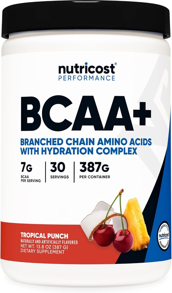 Nutricost BCAA + Hydration Powder (Tropical Punch) 30 Servimientos - Aminoácidos de cadena ramificados con complejo de hidratación - Gluten-Free, Non-GMO