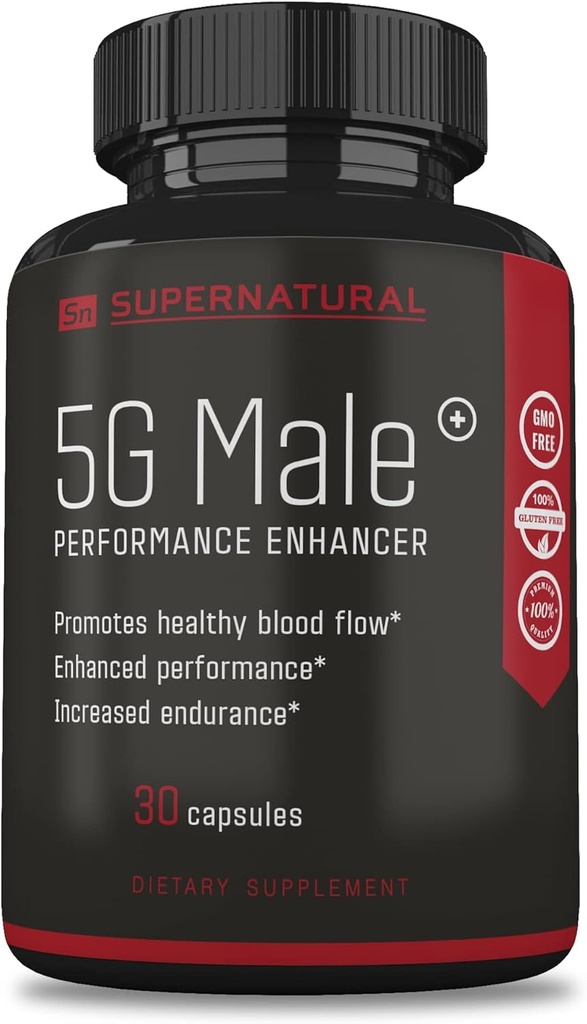 Hombres sobrenaturales 5G Hombre Natural T Booster Mejorando Suplemento para Flujo de Sangre, Resistencia, Fuerza &amp; Resistencia Ginseng, Ajo, Ginkgo, Ginger Root, Vitamina D - Soporta Hombres sanos - 30 cápsulas