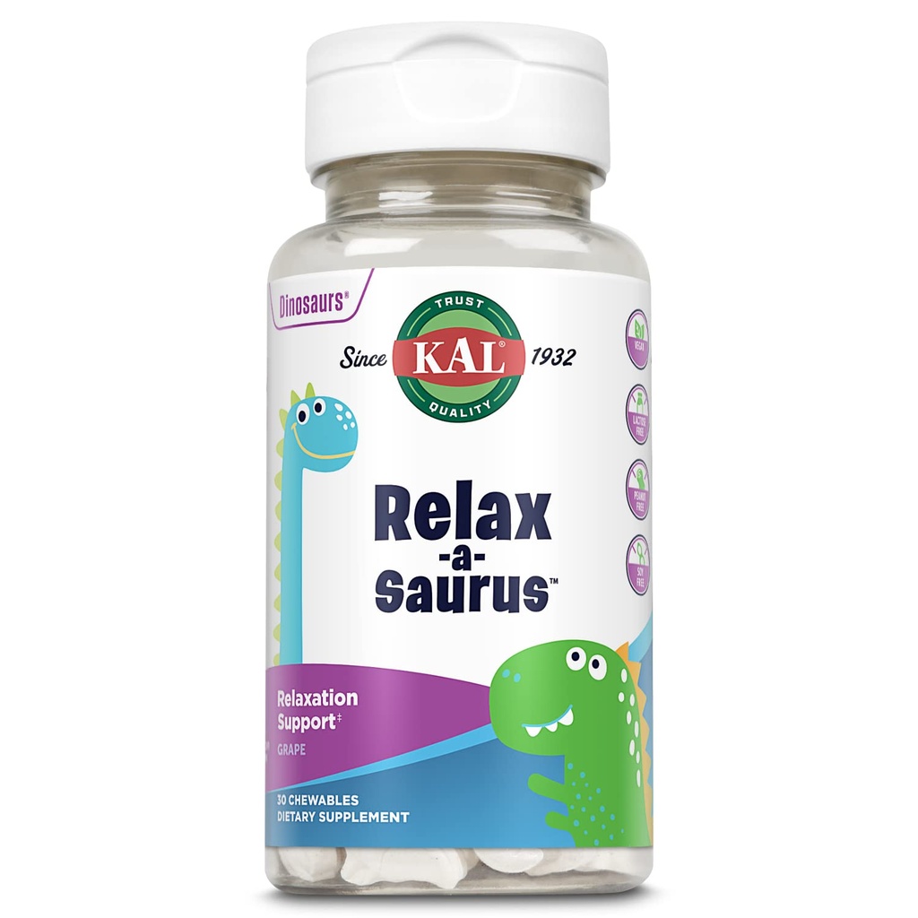 KAL Relax-a-Saurus, Stress Support Supplement for Kids, L-Theanine for Children with Herbal Stress Relief & Relax & Blend, Delicious Natural Grape Flavor, 60-Day Guarantee, 30 Chewables
