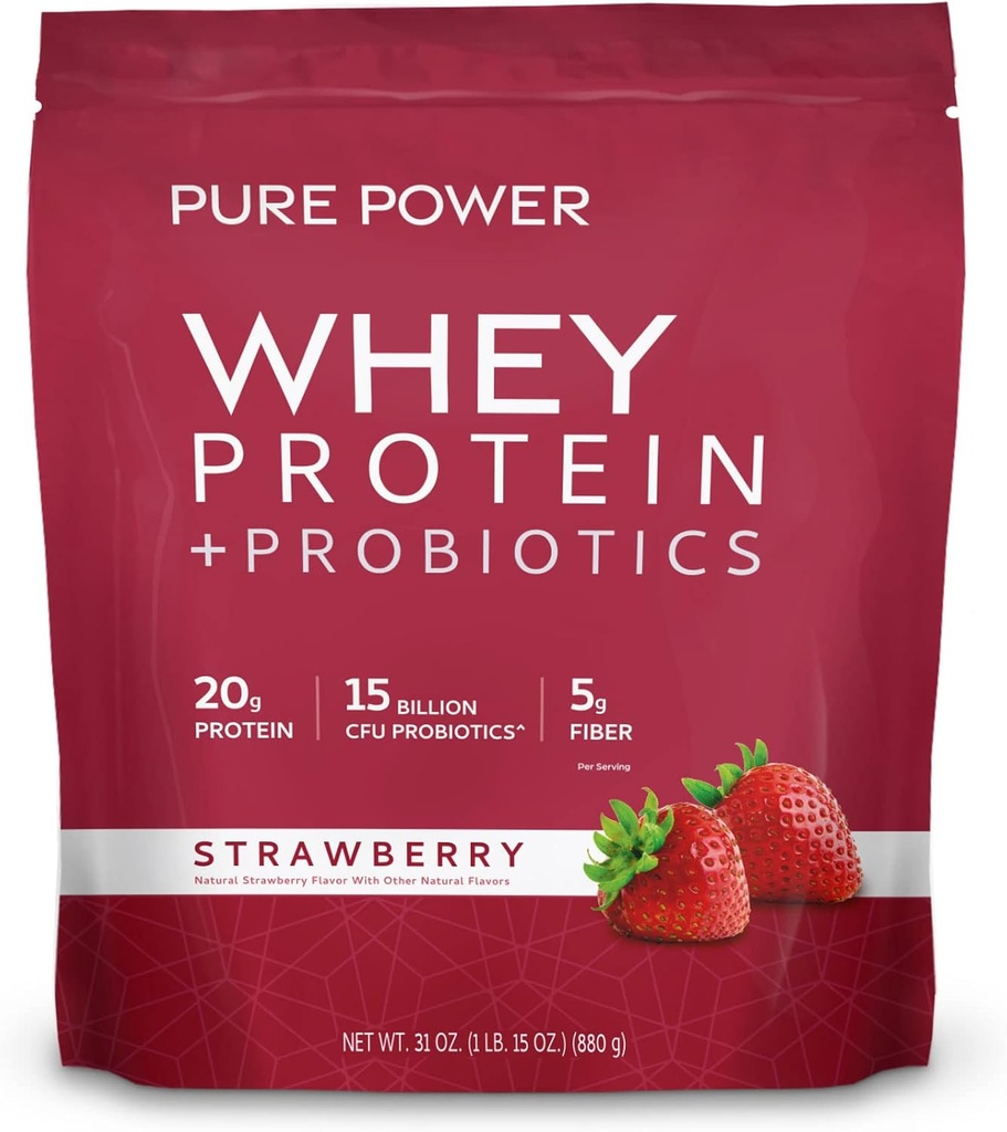 Dr. Mercola Pure Power Whey Protein + Probióticos - Asistencias Muscle Recovery & Digestive Health - Pasture-Raised Whey - MCTs & Fiber - Vainilla - 31 oz (22 Servings) - Strawberry
