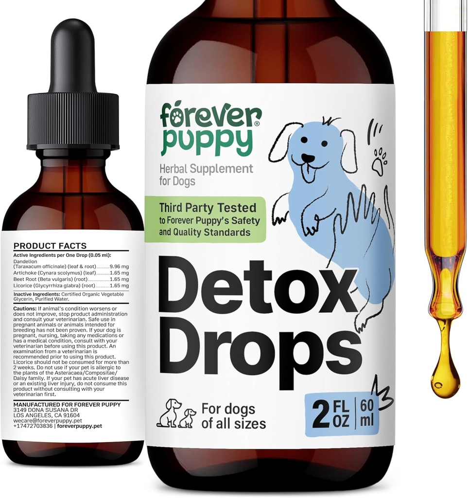 Forever Puppy Detox Drops for Dogs - Dandelion Root & Dandelion Leaf Tintura para Liver and Kidney Support - Herbal Detox &amp; Antioxidant Support Suplemento para perros de todas las razas &amp; tamaños - 2 fl oz