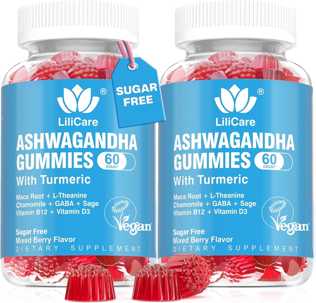 Ashwagandha Gummies 2000mg para Mujeres Hombres - Sugar Gratis, Vegan - Orgánica Ashwagandha Extracto Suplementos Gummy & Vitamina D3, B12 y Turmérica, Promover la Relajación, Sabor de Berry mixto, 120 Conde