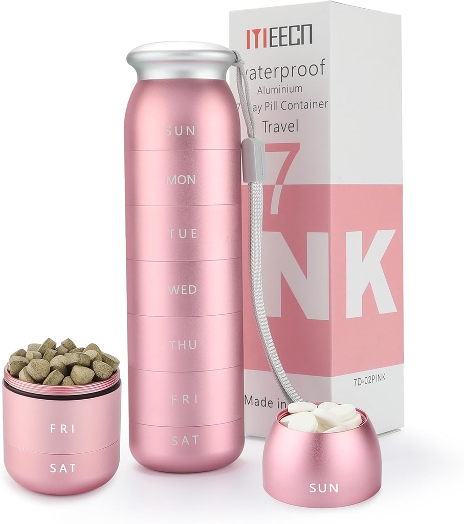 Organizador semanal de píldoras, Portable Travel 7 Day, Waterproof Container, Large, Aluminum, Metal, Hold Vitamins, Cod Liver Oil, Supplements and Medications (Pink)