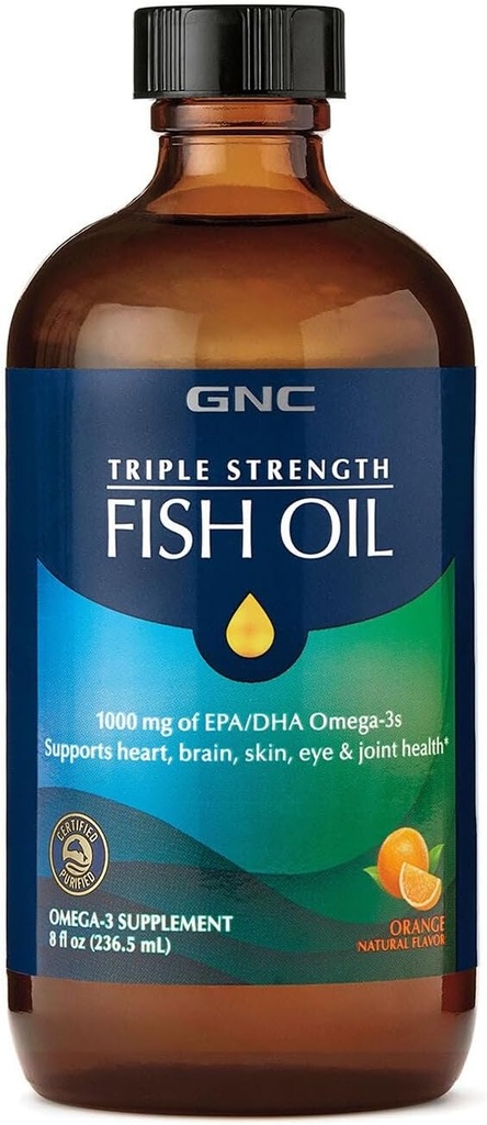 GNC Triple Strength Fish Oil Liquid Supplement, Wild Deep Ocean Caught. with 1000mg EPA DHA Omega 3s, for, Heart, Brain, Skin, Eye, Joint Health, Natural Orange Flavor, 8 Fl Oz, 47 Servings