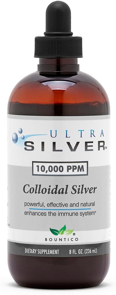 Ultra Silver® Colloidal Silver TENIDO 10,000 PPM, 8 Oz (236mL) TENIDO Se envía como (2) 4 botellas de vidrio onzas TENIDO Suplemento Mineral TEN True Colloidal Silver - con Dropper