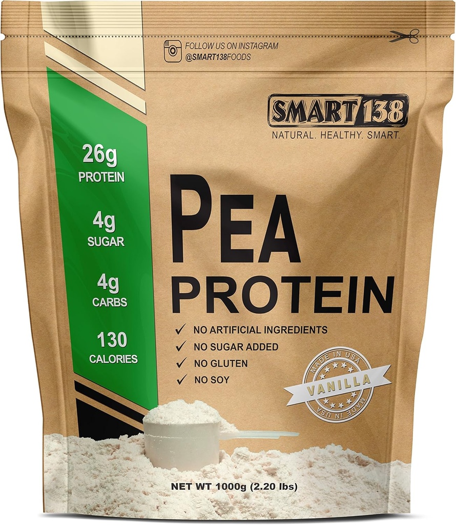 Smart138 Vainilla Pea Proteína, Polvo Ultrafina, Vegan, Libre de gluten, Libre de soja, Libre de lácteos, No GMO, EE.UU./Canadá, Keto (Low Carb), Natural BCAAs (1000g / 2.2lbs, Vainilla)