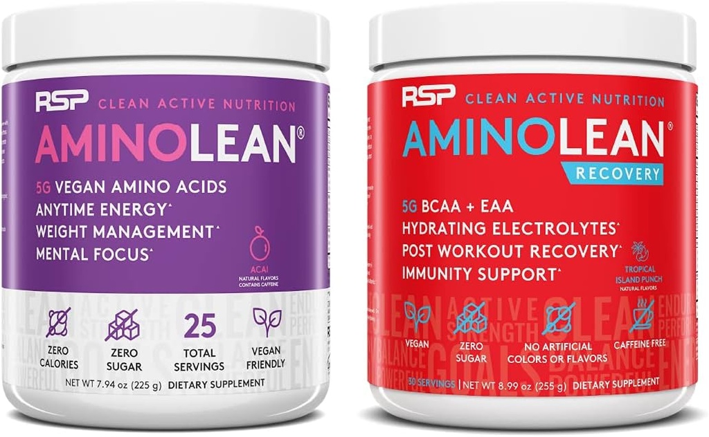 RSP NUTRITION Vegan AminoLean Pre Workout Energy (Acai 25 Servings) con AminoLean Recovery Post Workout Boost (Tropical Island Punch 30 Servings)