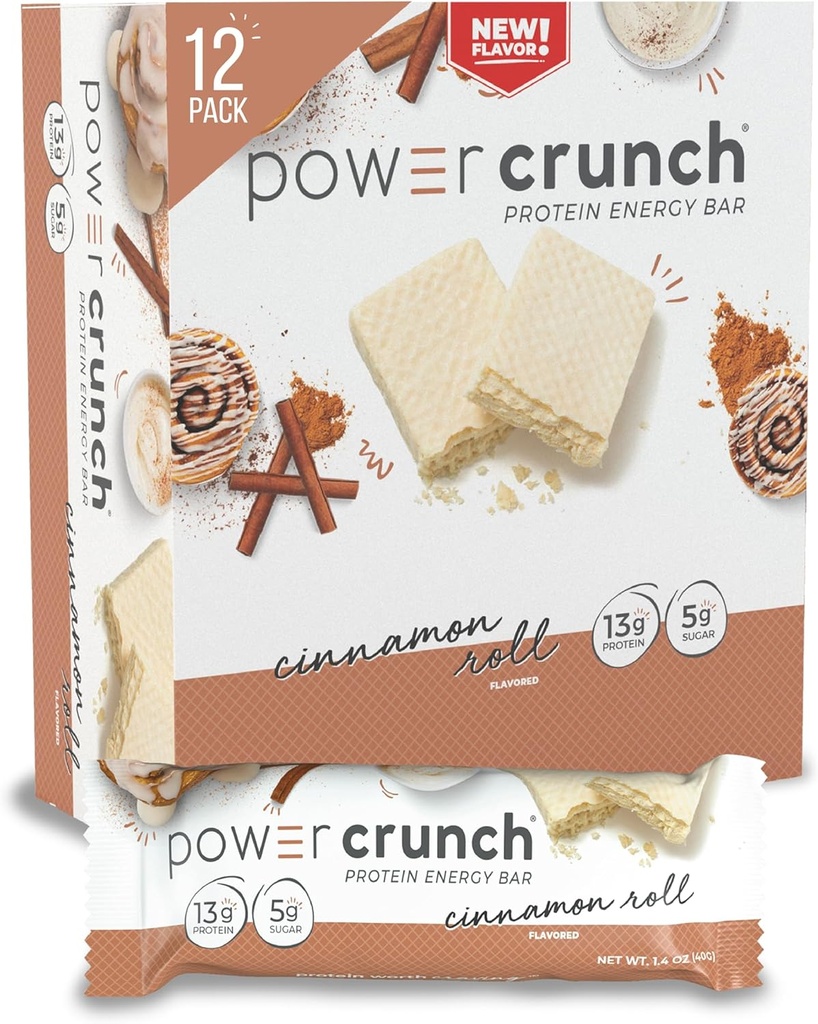 Power Crunch Protein Wafer Bares, High Protein Snacks with Delicious Taste, Cinnamon Roll, 1.4 Ounce (12 Count)