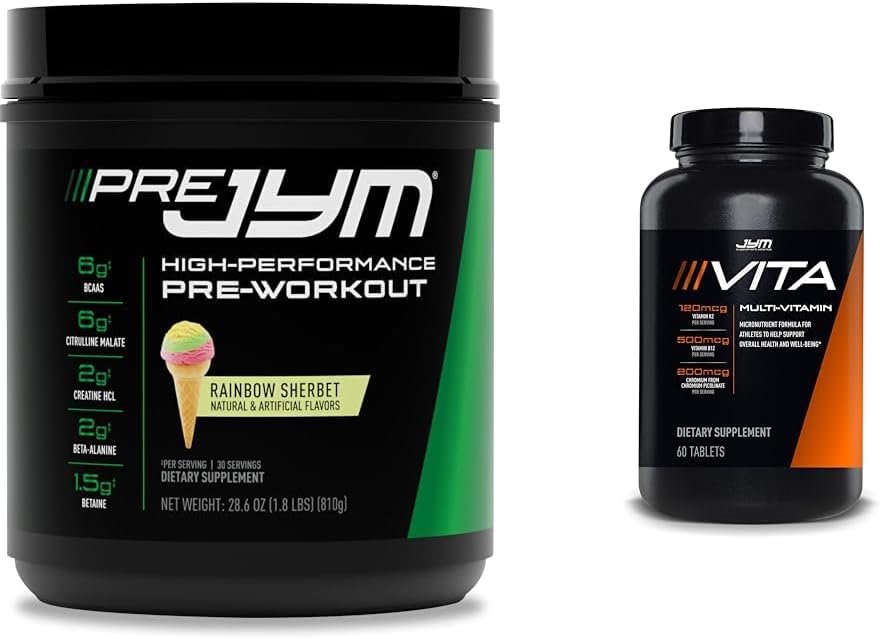 JYM Suplemento Ciencia Pre Jym Rainbow Sherbet Pre-Workout, 30 Servings &amp; Vita JYM Multivitamin for Athletes, 60 Tablets Bundle