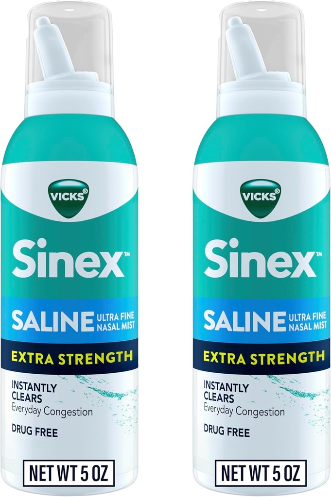 VICKS Sinex Saline Extra Strength Nasal Spray, 3X Concentrated* Drug Free Ultra Fine Mist, Instantly Clears Mucus, Ultra concentrado a Clear Congestion Fast, Safe For Daily Use, 5 OZ x 2