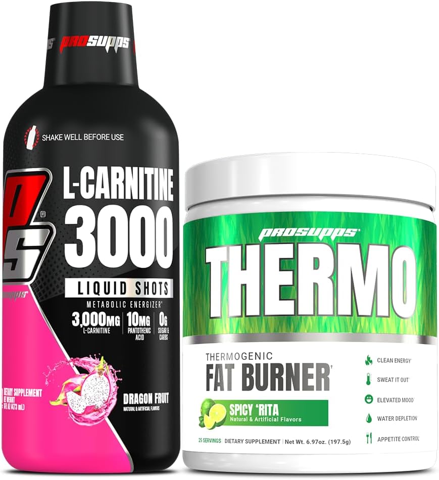 PROSUPPS L-Carnitina 3000 Zapatos líquidos libres estimulantes (31 Servings, Dragon Fruit) y Termo grasa quemando de polvo termogénico (25 Servings, Spicy 'Rita) Bundle