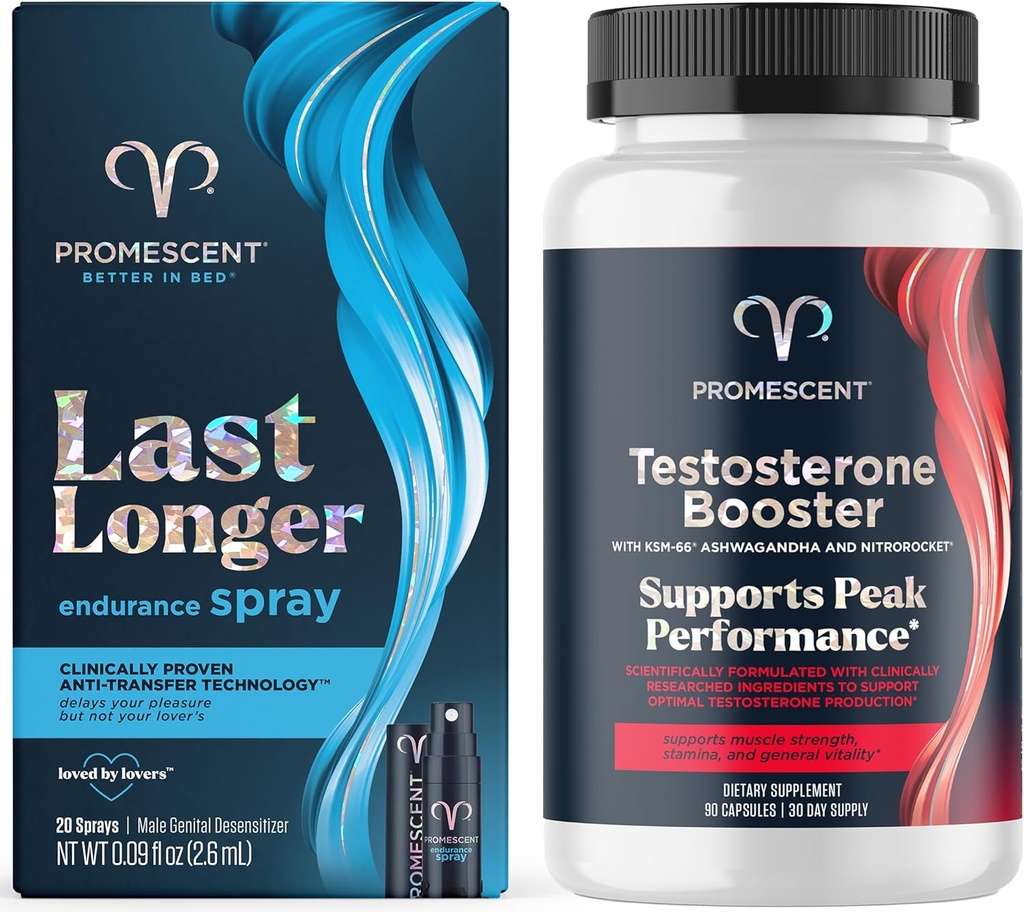 Promescent Delay Spray para Él (2.6ml) + Testosterone Booster para Hombre Suplemento con Tongkat Ali (LongJack), KSM-66 Ashwagandha, Horny Goat Weed