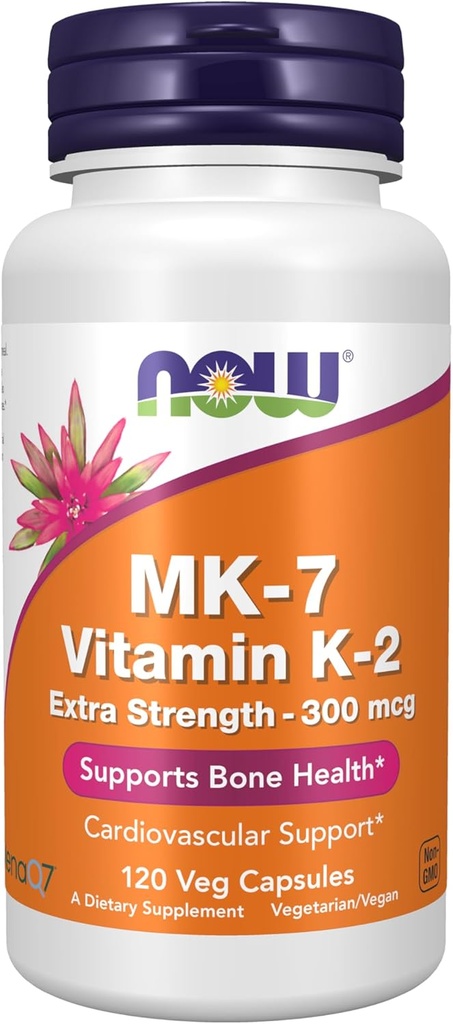 AHORA Suplementos de alimentos, MK-7 Vitamina K-2 300 mcg, soporte cardiovascular*, soporta la salud ósea*, 120 cápsulas de veg