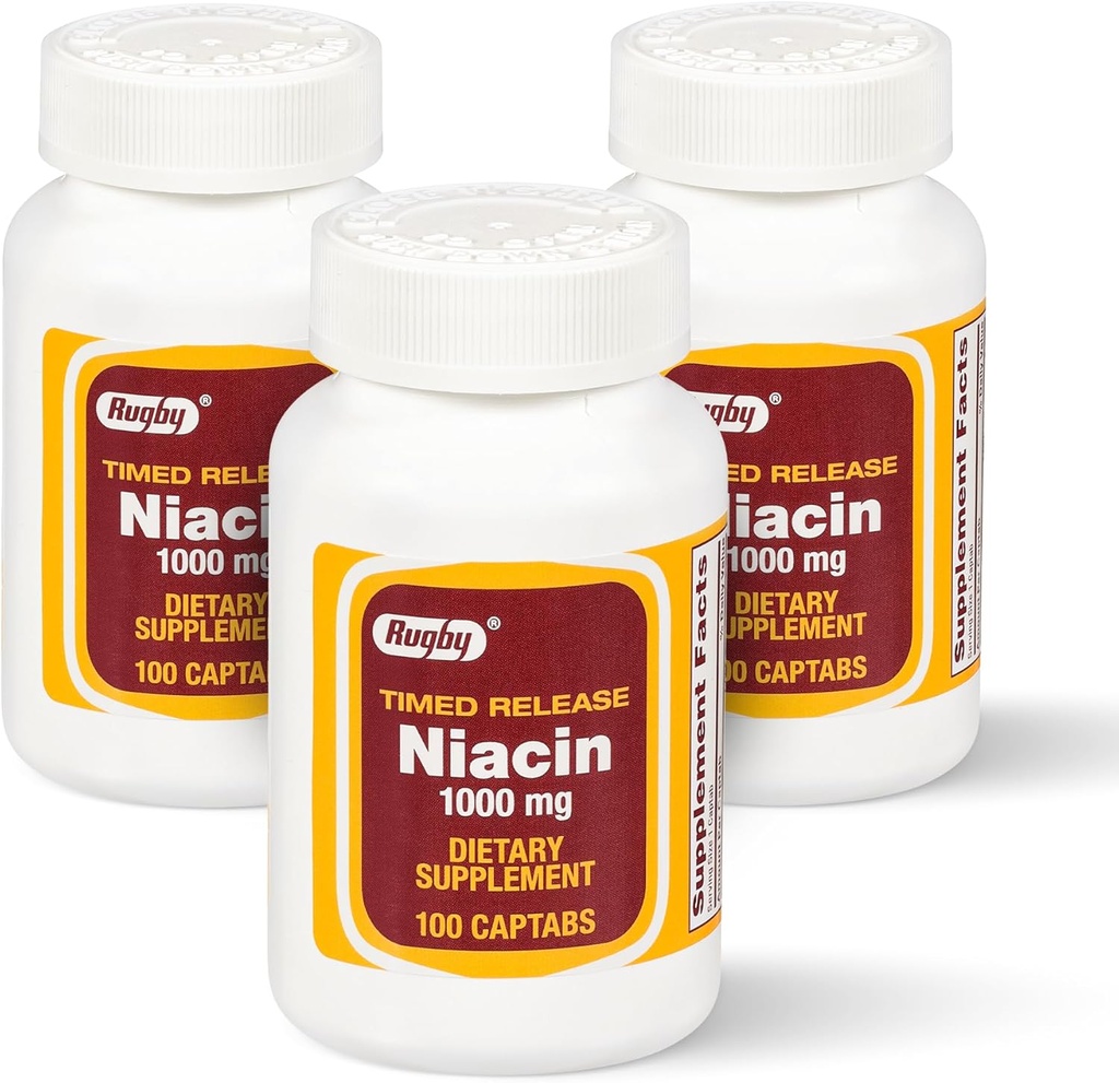 Rugby Timed-Release Niacin 1000mg Suplemento dietético para Adultos por Energía, Circulación y Metabolismo Apoyo, 100 Captabs (Pack of 3)
