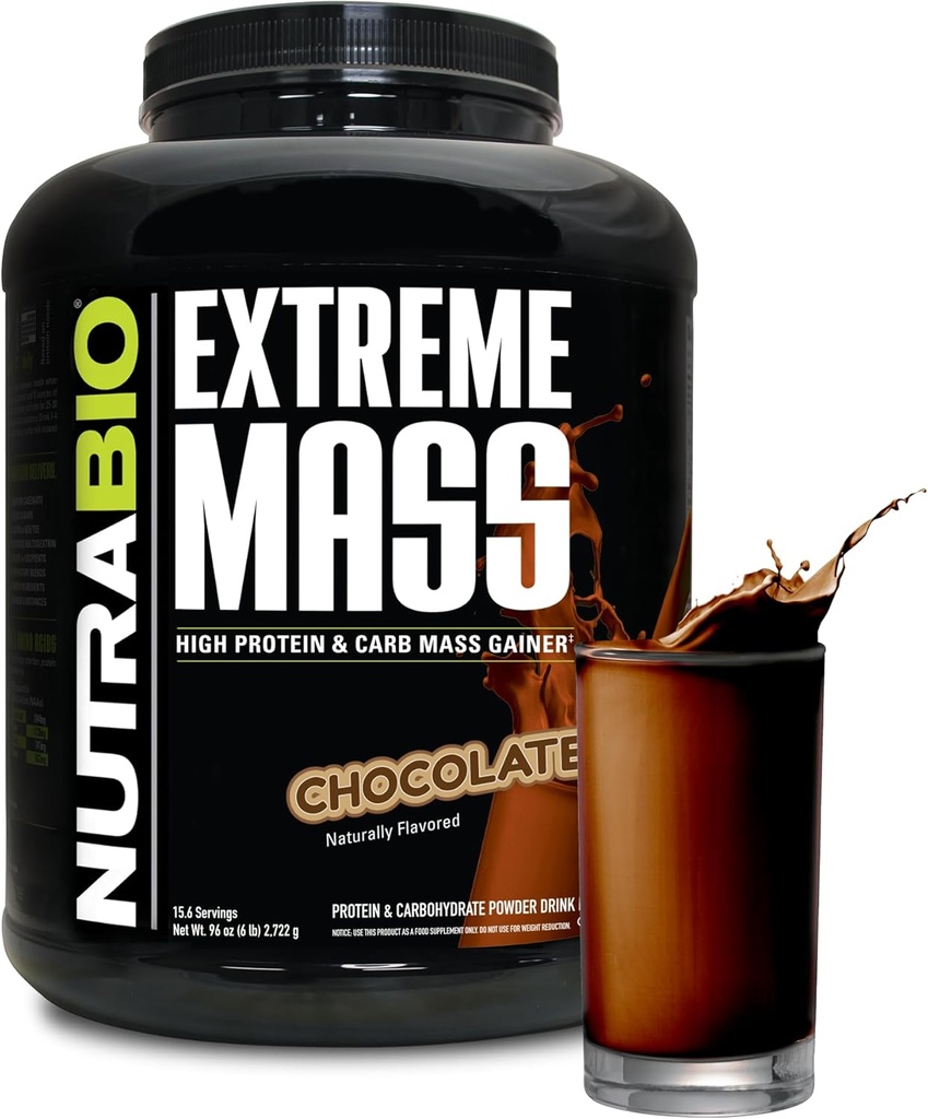 NutraBio Extreme Mass Gainer Protein Powder, 53G Protein, Clean Weight Gainer, Incrementar Masa muscular, Full Spectrum Amino Acid - Chocolate, 6 libras