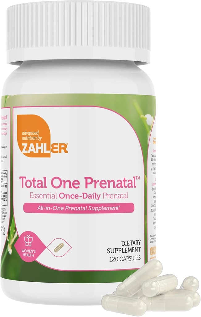 Zahler - Total One Prenatal Vitaminas para Mujeres (120 Conteo) Daily Multi Vitamina Prenatales con ácido fólico, hierro, zinc &amp; 19 Otras vitaminas esenciales &amp; Minerales - Kosher Pre Natal Multivitamin Capsules