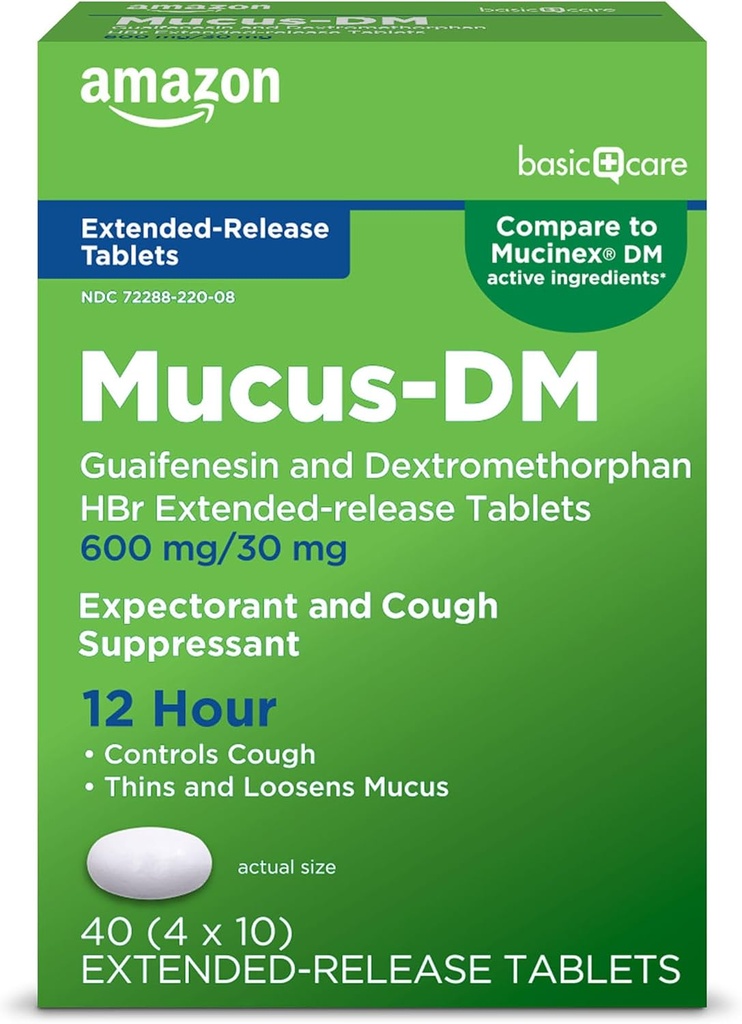 Cuidado básico Mucus Relief DM,12 horas Guaifenesin " Dextromethorphan Hydrobromide Extended-Release Tablets, 600 mg/30 mg, 40 Conde (Pack of 1) (Packaging may vary)