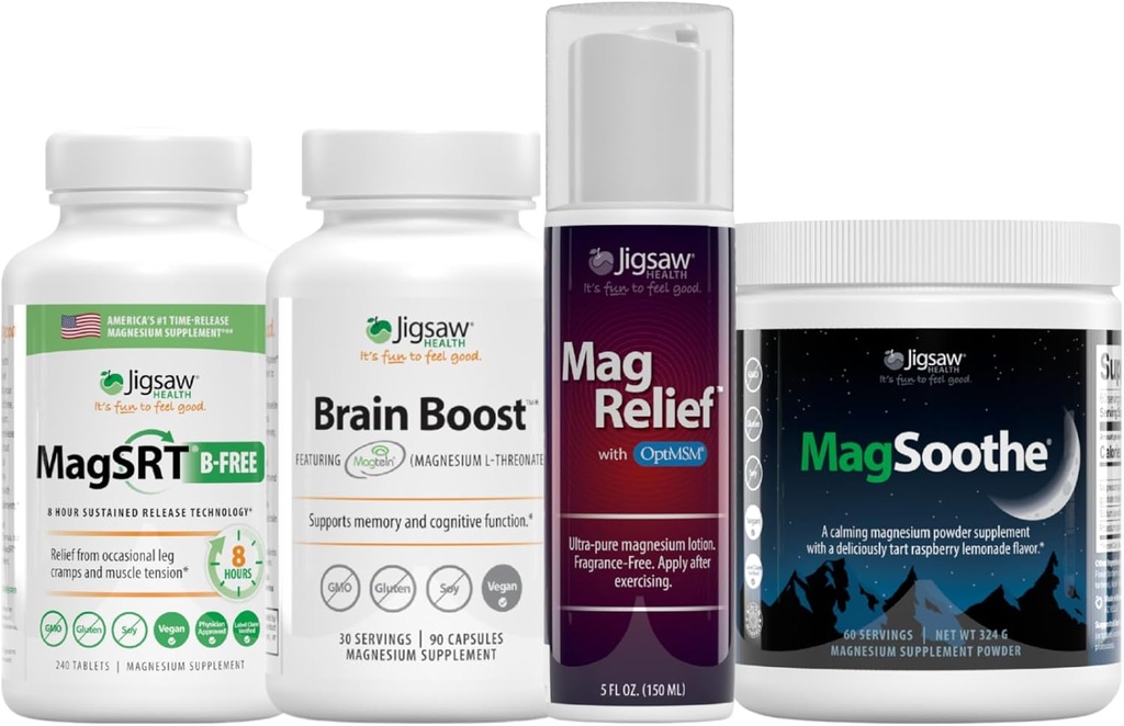 Jigsaw Health Ultimate B-Free Magnesium Bundle ← MagSRT (B-Free), 240 Tablets, Brain Boost, 90 Capsules, MagRelief, 5 onzas (Lotion), y MagSoothe (Raspberry Lemonade), 60 Servings (Jar)
