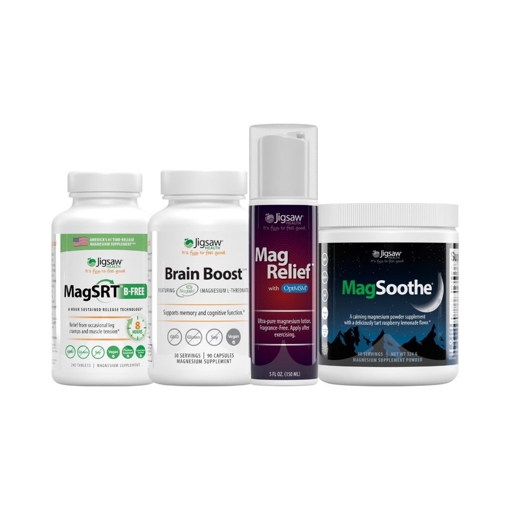 Jigsaw Health Ultimate B-Free Magnesium Bundle ← MagSRT (B-Free), 240 Tablets, Brain Boost, 90 Capsules, MagRelief, 5 onzas (Lotion), y MagSoothe (Raspberry Lemonade), 60 Servings (Jar)