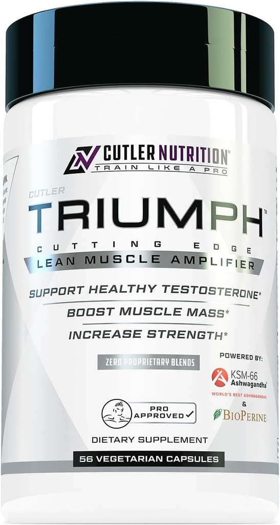 TRIUMPH Testosterona Booster para Hombres: Mejor Booster de Pruebas y Bloqueador de Estrógeno para Hombres con DIM, KSM 66 Ashwagandha, y Citrate de Borón, Construir Masa de Lean Natural y Fuerza, 56 Cápsulas de Veggie