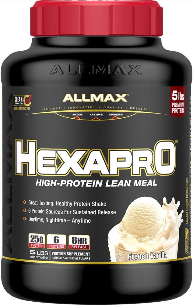 ALLMAX Nutrition HEXAPRO, French Vanilla - 5 lb - 25 Grams of Protein Por Serving - 8-Hour Sustained Release - Zero Sugar - 52 Servimientos