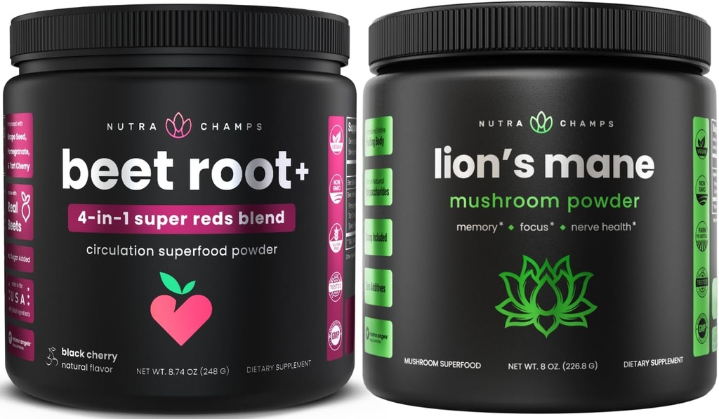 NutraChamps Beet Root Powder y Lion's Mane Powder. Circulación potente &amp; Blends Adaptógeno