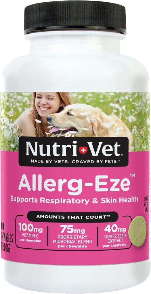 Nutri-Vet Allerg-Eze Chewables for Dogs, Antioxidants &amp; Omega-3 Fatty Acids, Alivio de la alergia Suplemento, Soporta Skin, Coat &amp; Respiratory Health, 60 Condes