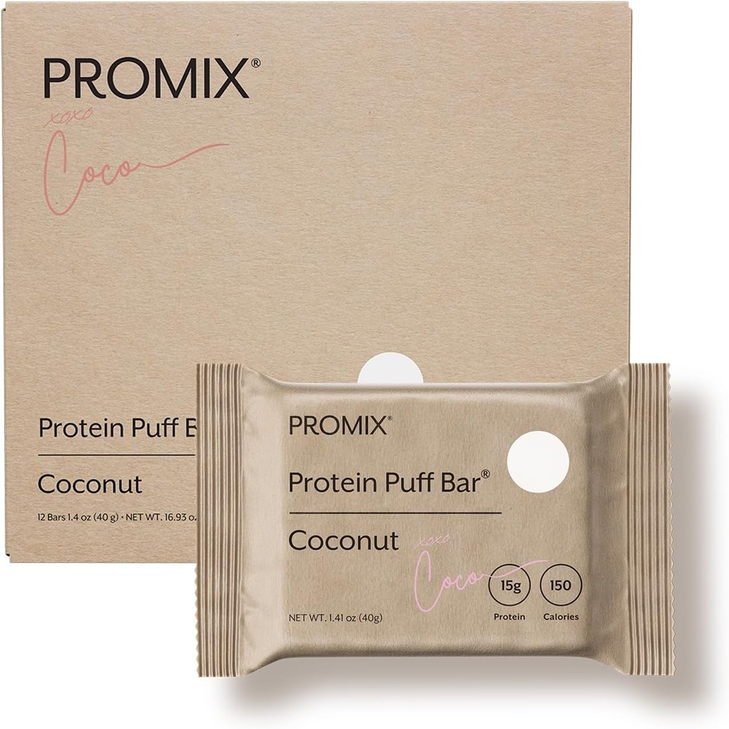 ProMix Nutrition Protein Puff Bares - Coconut - Marshmallow Crispy Treat - Great Tasting &amp; Healthy On The Go Snack - High Protein & Low Calorie - Gratis De Gluten, Soy, &amp; Corn - 12 Bares