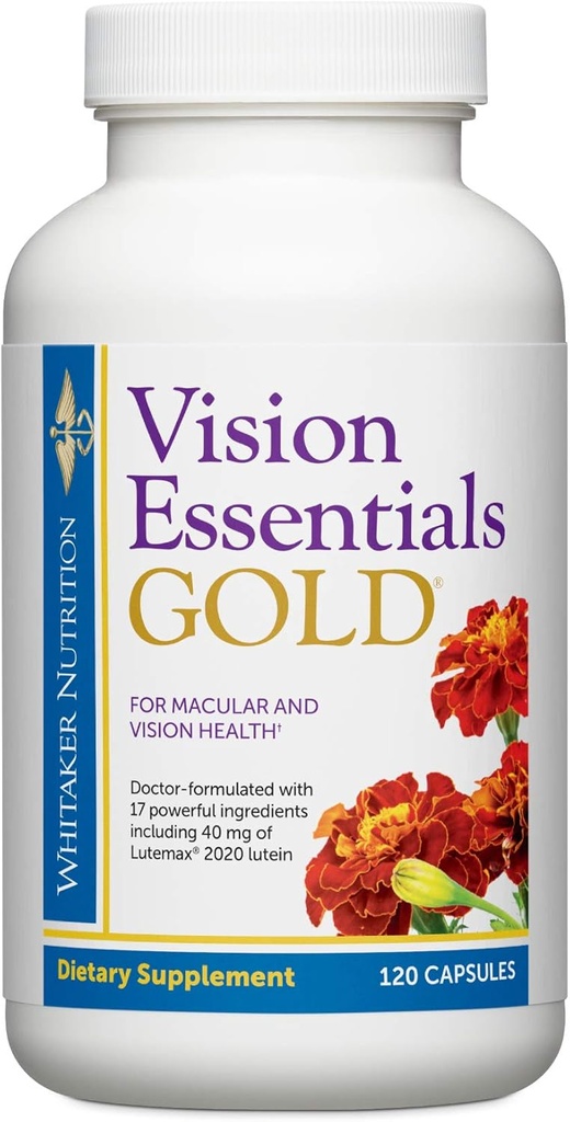 Esenciales de visión del Dr. Whitaker Oro - Suplemento de salud del ojo con 40 mg de Lutein Plus, Zeaxanthin & Taurine - Apoya los ojos de salud y escudos contra la exposición de luz azul (120 cápsulas)