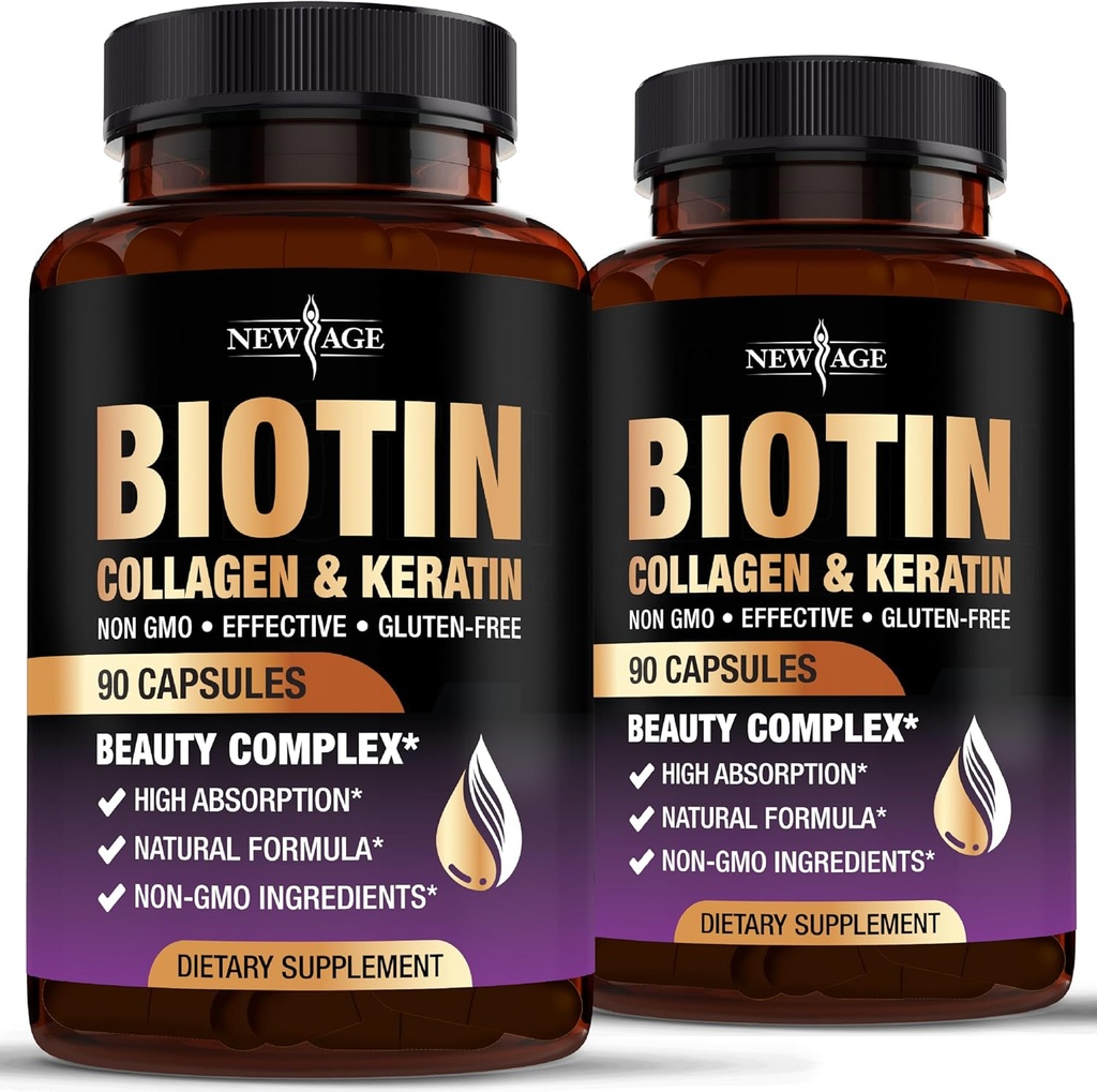 NUEVO AGE Biotina Collagen Keratina Ácido Hialurónico - 50.000 mg Crecimiento del cabello Vitaminas para Hombres y Mujeres, uñas, cabello, vitaminas de la piel y DHT Bloqueador con vitamina E Folic Acid Pumpkin Seed MSM- 180 Con