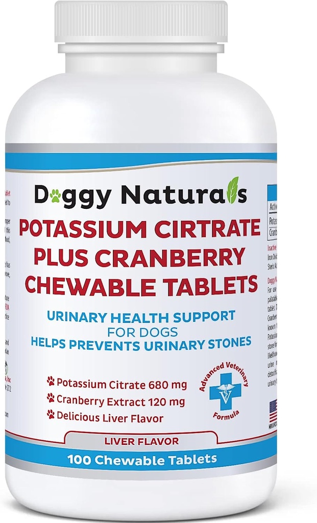 Citrato de potasio Plus Suplemento de arándano para perros (100 Tablets) - Urinary Tract Support-Helps Deter Formation of Calcium Oxalate Stones - Deters Bladder & Kidney Stones (Made in U.S.A)