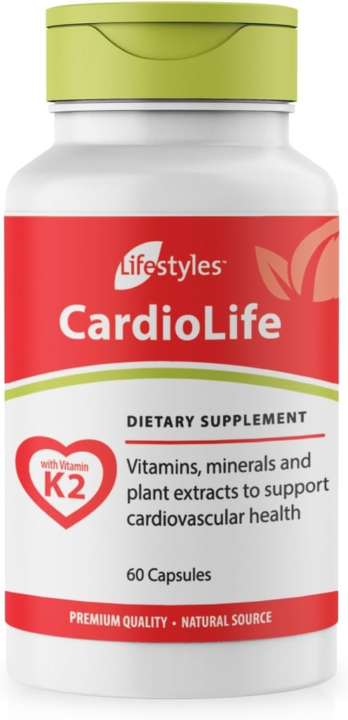 Lifestyles CardioLife Supplement - Herbal Heart Health Support with Vitamin K2 (MK7), Folic Acid, Beetroot, Cayenne Extract &amp; More – Made in Canada – 60 cápsulas (1)
