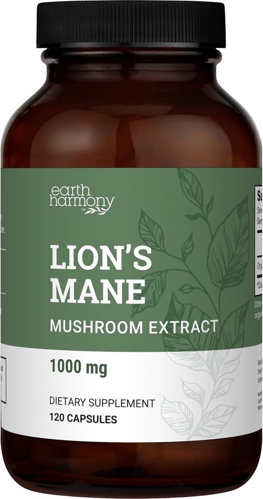 Suplemento de mane de leones orgánicos (1000mg), Suplemento de dos meses de suministro de león Mane Mushroom Extracto al apoyo Focus, Memory (120 cápsulas)