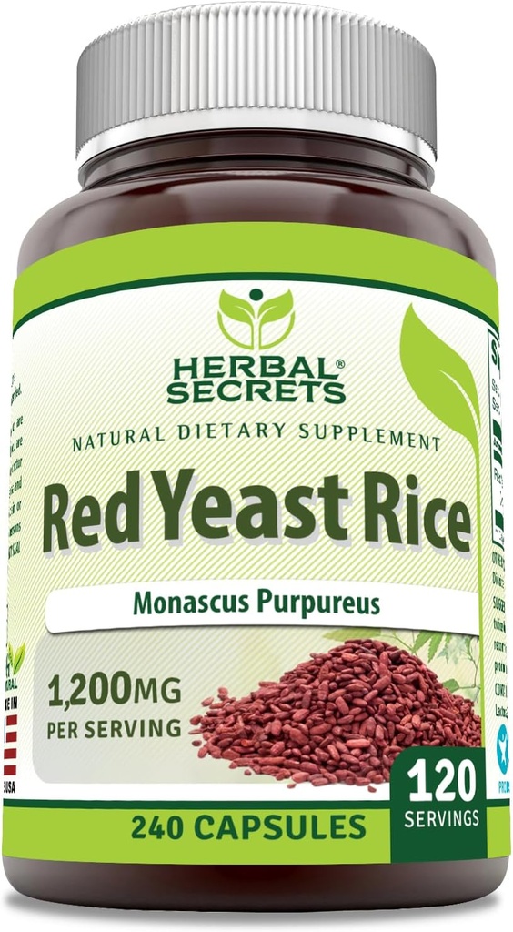Herbal Secrets Red Yeast Rice 1200 Mg per Serving, 240 Veggie Capsules Suplemento Silencio No-GMO Silencio Gluten Free ← Made in USA