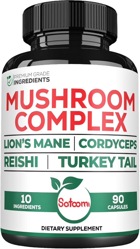 Satoomi 10in1 Lions Mane Supplement Complex - Blended with Cordyceps Sinensis, Reishi Mushroom, Turkey Tail Mushroom & Others - 90 Count for 3 Months