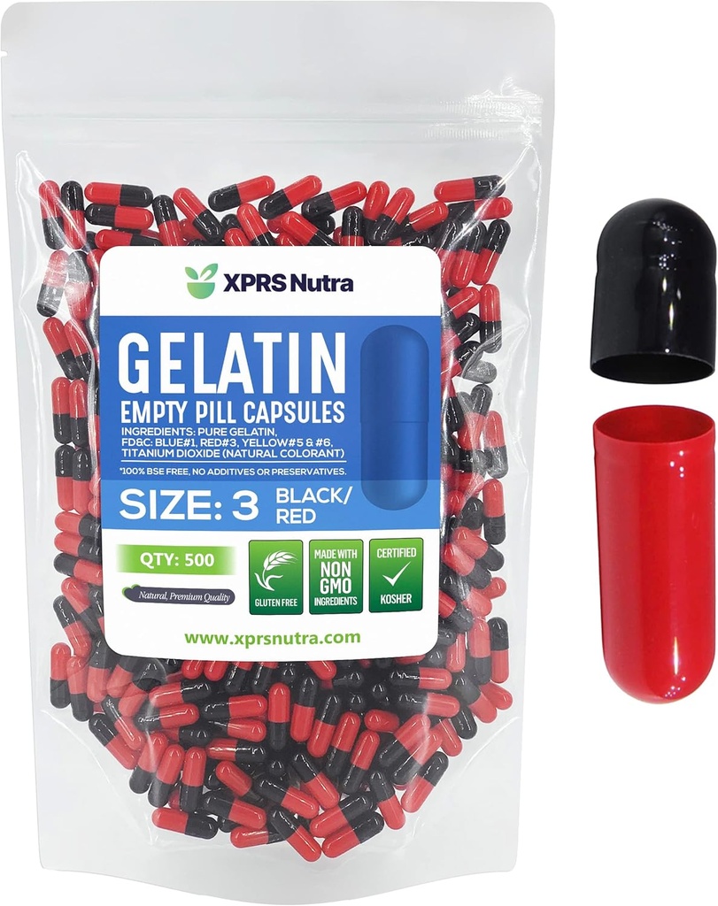 XPRS Nutra Size 3 Empty Capsules - 500 Count Empty Gelatin Capsules - Pills DIY Capsule Filling - Pure Bovine Pill Gel Caps Fillable Do-It-Yourself Vitamins and Supplements (Black/Red)