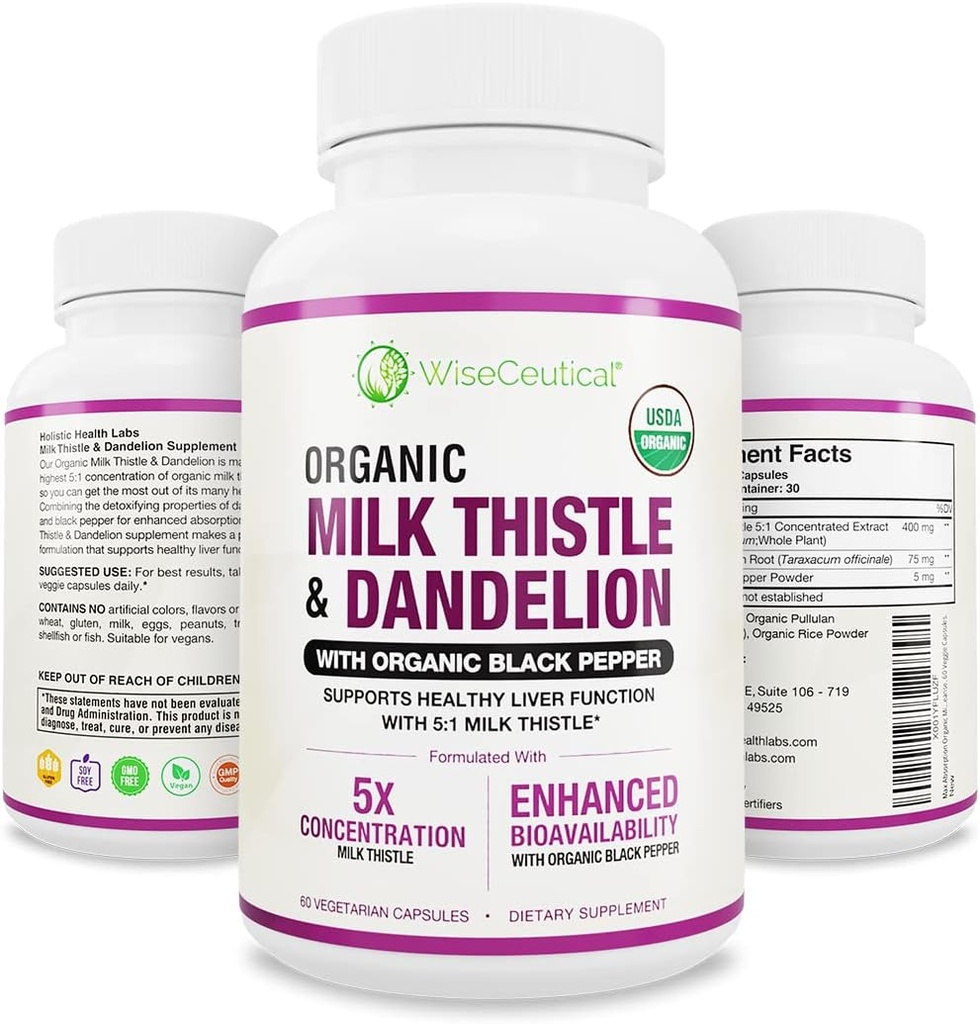 Max Absorption USDA Organic Milk Thistle Potent 5:1 Concentrated Extract (2000mg Strength) & Organic Dandelion Root ← Silymarin Antioxidant Flavonoid ← Liver Support Supplement (60 Count (Pack of 1))
