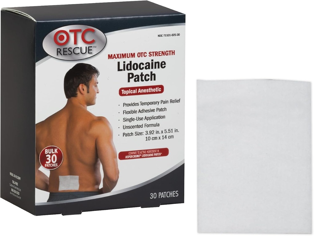 4% Lidocaine Pain Relief Patch ← Maximum OTC Strength TEN 30-Count TEN 3,93” x 5,51” ANTE Soothes Minor Aches and Pains ← Odor Free TEN Topical Anesthetic TEN Easy to Apply Flexible Adhesive