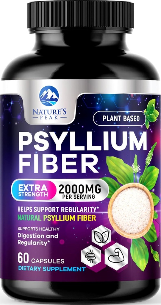 Psyllium Husk Fiber Supplement 1500mg - Vegan Prebiotic, Soluble Fiber for Daily Digestive Health & Regularity Support, Natural Psyllium Powder Caps, Sugar-Free, Non-GMO & Gluten-Free - 60 Capsules