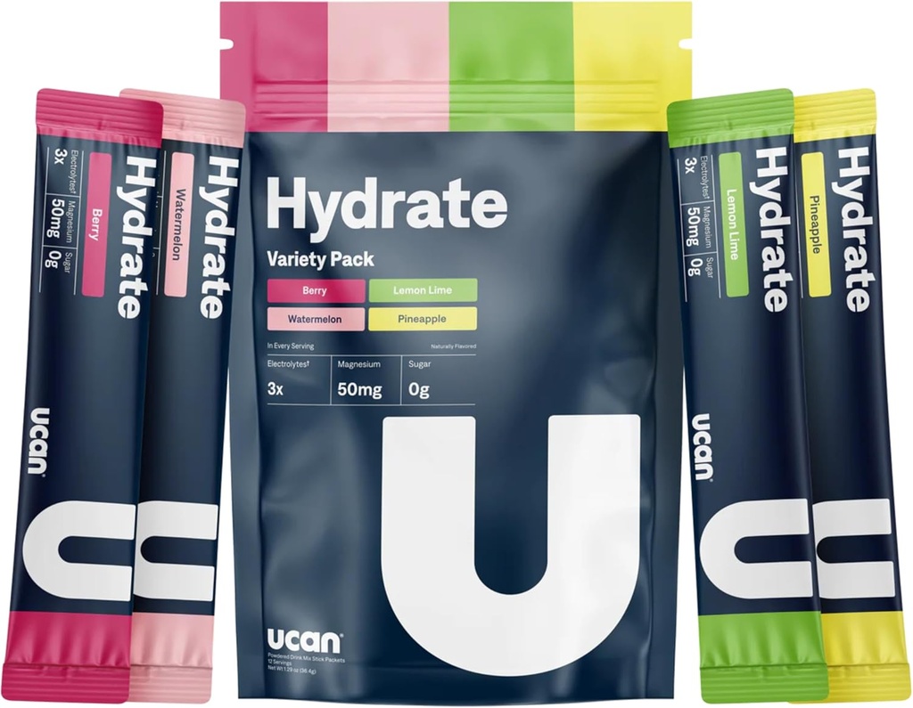 UCAN Hydrate Electrolyte Drink Mix (Variety Pack, 12 Stickpacks) Sugar-Free, Keto-Friendly, Vegan, Non-GMO, Gluten-Free Electrolyte Powder with Potassium &amp; Magnesium for Runners ' Athletes