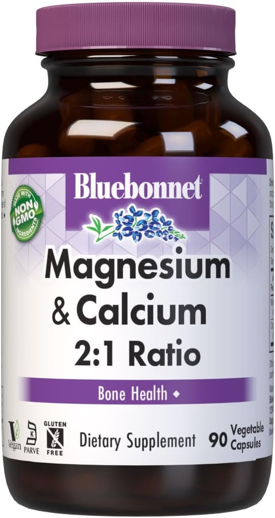 Bluebonnet Nutrition Magnesium &amp; Calcium 2:1 Ratio, Bone Health*, Non-GMO, Vegan, Kosher Certified, Gluten-Free, Soy-Free, Dairy-Free, 90 Vegetable Capsules, 30 Servings
