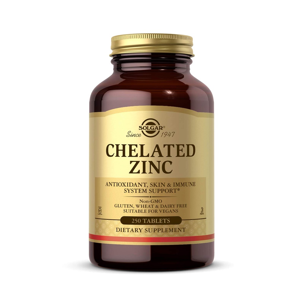 Solgar Zinc Chelated, 250 Tablets - Zinc for Healthy Skin - Supports Cell Growth & DNA Formation - Exerts Antioxidant Activity - Supports A Healthy Immune System - Non GMO, Vegan - 250 Servings