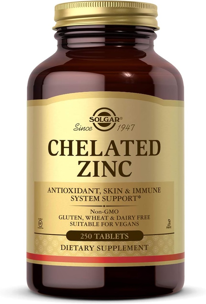 Solgar Zinc Chelated, 250 Tablets - Zinc for Healthy Skin - Supports Cell Growth & DNA Formation - Exerts Antioxidant Activity - Supports A Healthy Immune System - Non GMO, Vegan - 250 Servings