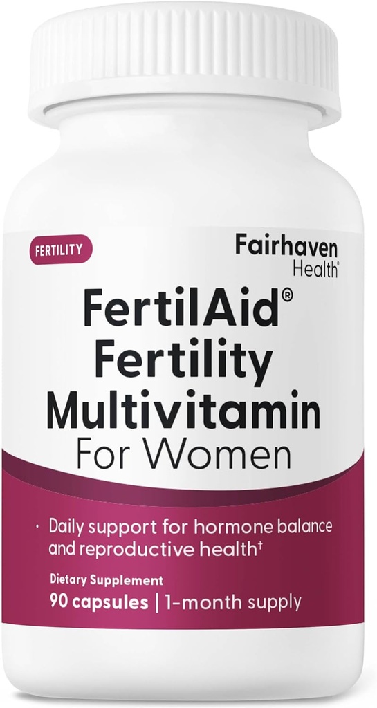 Fairhaven Health FertilAid for Women ← Vitamina Prenatal Suplementos de Fertilidad para Mujeres TENIDO Concepción para Ella con Vitex y Folate TENIDO Apoyo Ciclo Regularidad y Ovulación* Ø 90 cápsulas