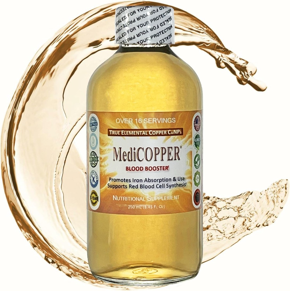 MediCOPPER Blood Booster True Colloidal Copper CuNP Nutrient - 250 mL in Clear Glass Bottle
